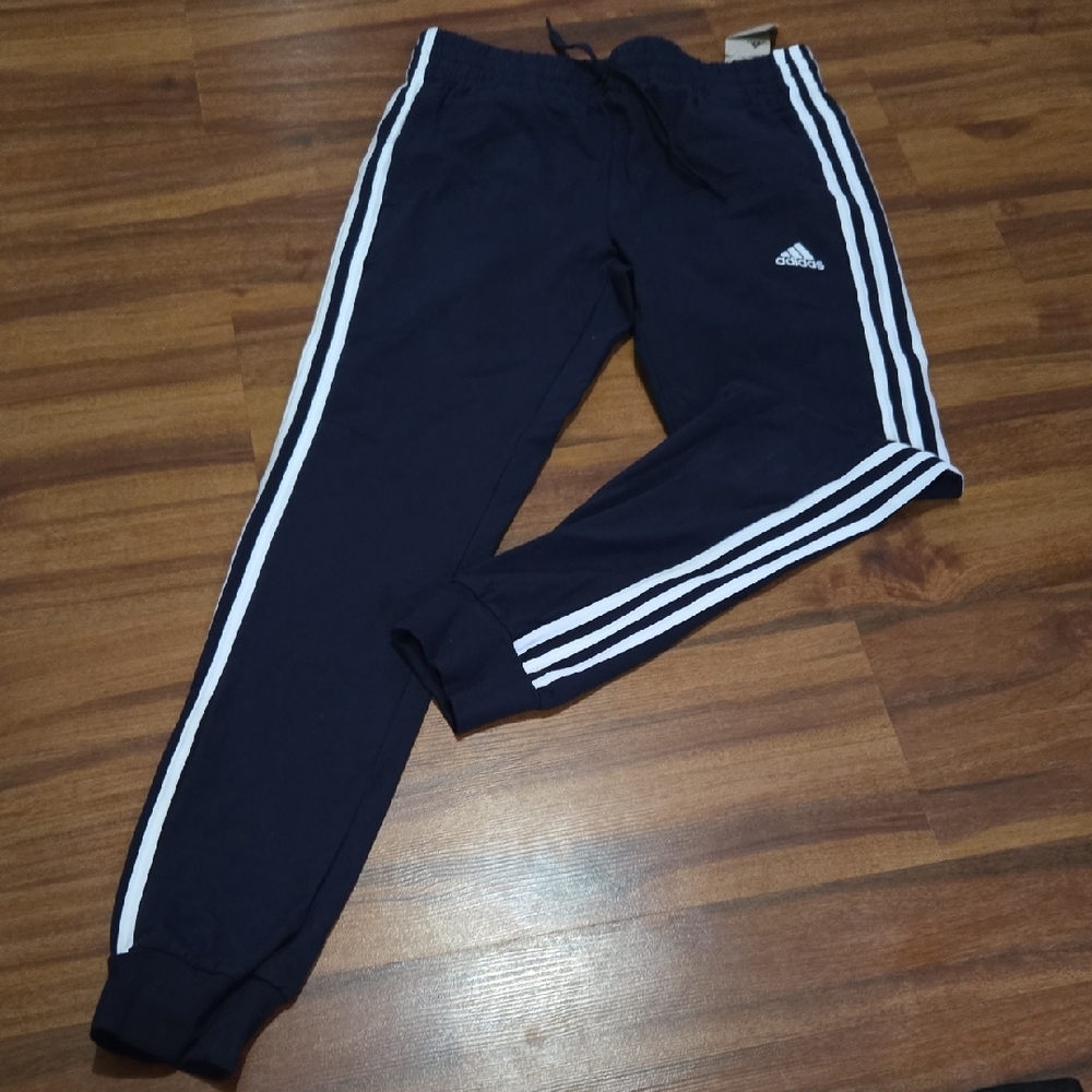 Adidas Blue White Sweatpants Signature Stripes Jogger Essentials NWT SMALL WOMEN